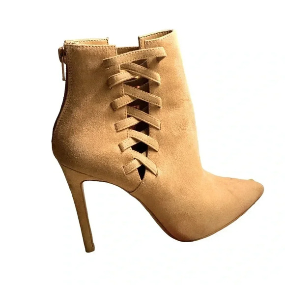 ALDO Tuxedo Stiletto Women Pointed Toe Canvas Tan Ankle Boot Size 6M - Picture 2 of 6